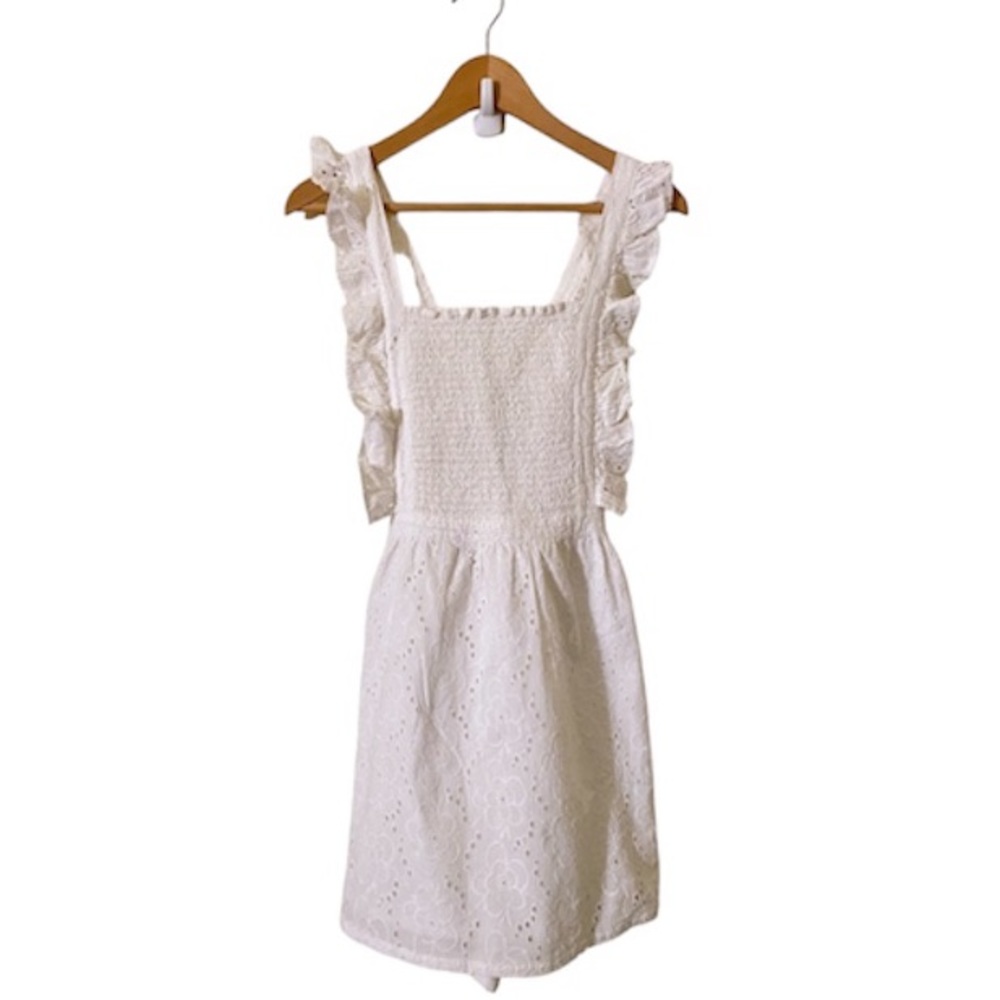 [Lulus] White Eyelet Ruffle Trim Smocked Dress